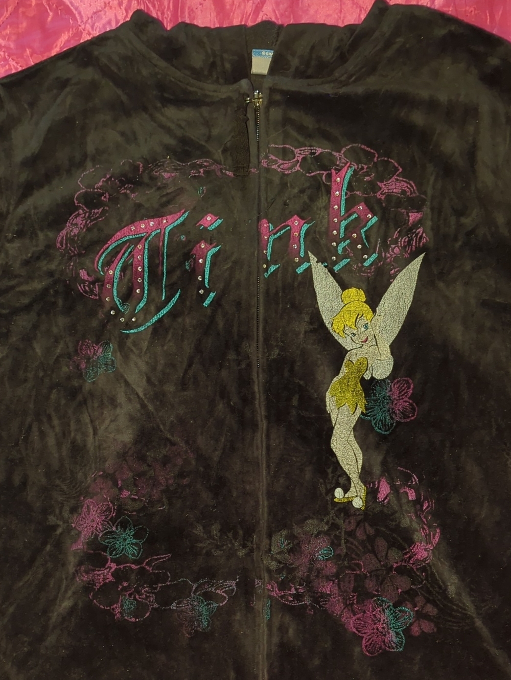 Vintage DISNEY Black Zip-Up Hoodie with Embroidered Tink and Teal-Pink Accents
